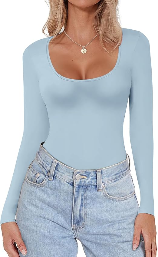 Ekouaer Women Long Sleeve Shirt Scoop Neck Tops Slim Fit Basic Top Thermal Undershirts Base Layer Tee
