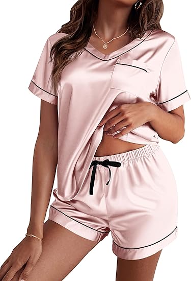 Ekouaer Silk Pajama for Women Short Sleeve Satin Pj Set Two Piece Soft Sleepwear Loungewear
