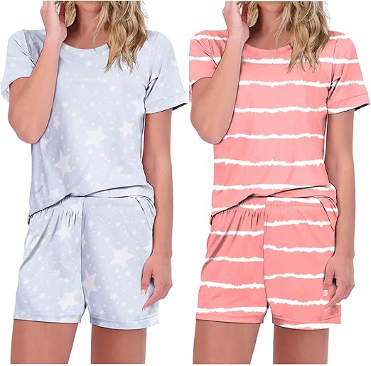 Ekouaer 2 Pack Pajamas Short Sleeve Top with Shorts Sets Comfy Pjs Lounge Sets Sleepwear for Women