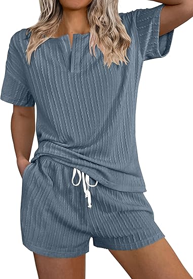 Ekouaer Ribbed Knit Lounge Sets for Women 2 Piece Outfits Short Sleeve Top and Shorts Pajama Sets Tracksuit Sweatsuits