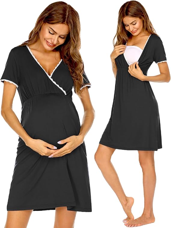 Ekouaer Nursing Nightgown Delivery and Labor Gown for Hospital Short Sleeve Maternity Breastfeeding Dress