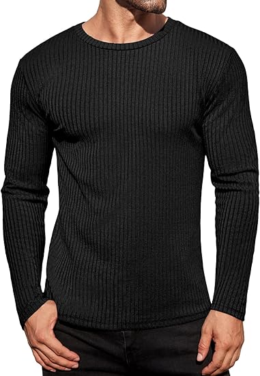 Ekouaer Men's Long Sleeve Shirts Ribbed Pullover Tees Sim Fit Thermal Tops Crew Neck Stretchy Undershirts