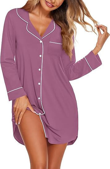 Ekouaer Nightgowns for Women Long Sleeve Nightshirt Button Down Sleepshirt Nightdress Boyfriend Sleepwear
