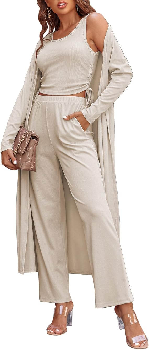 Ekouaer Women's 3 Piece Lounge Set Pajama Long Sleeve Cardigan Sleeveless Top Pants Sweatsuit