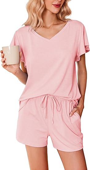 Ekouaer Women's Pajamas Set Ruffle Sleeves Sleepwear V Neck Comfy 2 Piece Pjs Loungewear Set with Pockets