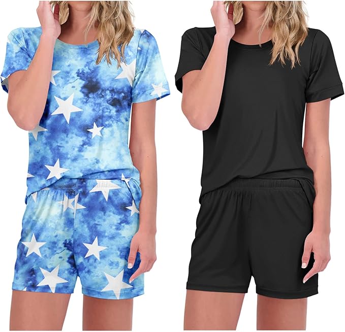 Ekouaer 2 Pack Pajamas Short Sleeve Top with Shorts Sets Comfy Pjs Lounge Sets Sleepwear for Women