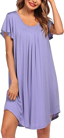 Ekouaer Womens Nightgown Soft Sleepwear Pleated Sleepshirt Sleep Dress Short Sleeve Nightdress
