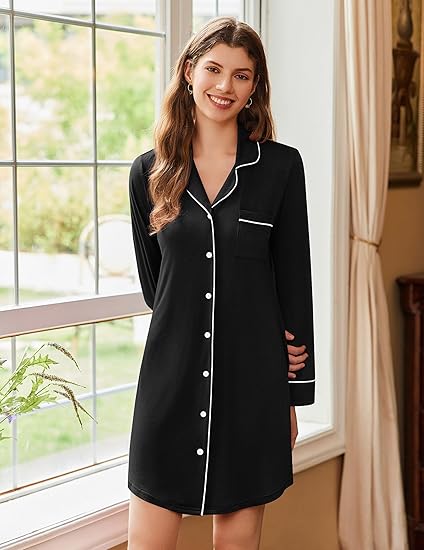 Ekouaer Nightgowns for Women Long Sleeve Nightshirt Button Down Sleepshirt Nightdress Boyfriend Sleepwear