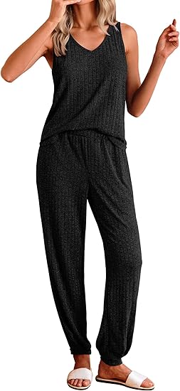 Ekouaer Women's Pajamas Sleeveless Summer Lounge Set Ribbed Knit Pj Loungewear Soft Tank Sleepwear Nightwear