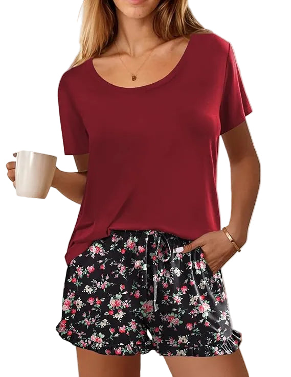 Ekouaer Womens Pajamas Short Sleeve Lounge Set Crew Neck Tops and Ruffle Shorts Pj Sets Soft Sleepwear with Pockets