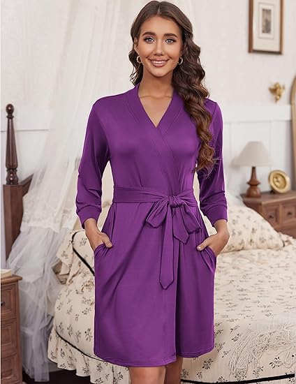 Ekouaer Women??s Robes Lightweight 3/4 Sleeve Short Knit Bathrobe Soft Knee Length Sleepwear Robes with Pockets