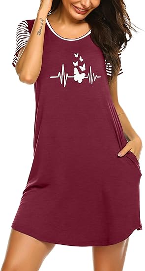 Ekouaer Nightgowns for Women Soft Sleep Shirts with Pockets Short Sleeves Printed Crewneck Nightshirt