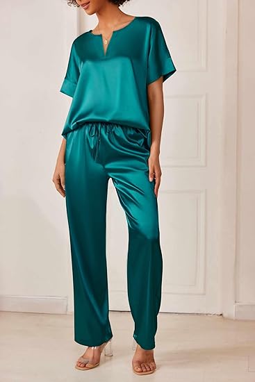 Ekouaer Satin Pajama Set Womens Silk Short Sleeve V Neck Shirt with Long Pant Soft Loungewear Pjs Set