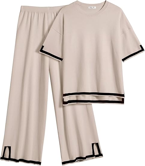 Ekouaer Lounge Set for Women Travel Outfits 2 Piece Sets Short Sleeve Sweater Top Wide Leg Long Pants Loungewear