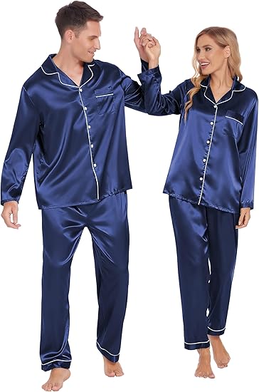 Ekouaer Couples Matching Pajamas Silk Long Sleeve Sleepwear Satin Soft Button Down Loungewear Pjs Set