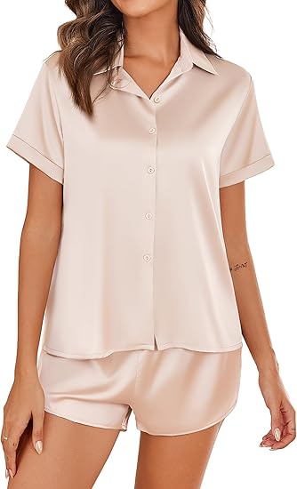 Ekouaer Silk Pajamas for Women Short Sleeve Satin Pajama Set 2 Piece Button Down Loungewear