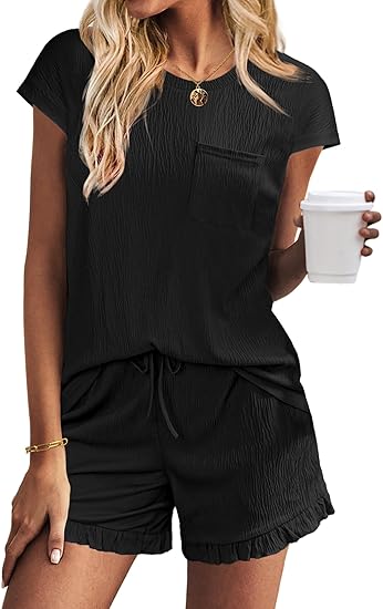 Ekouaer Womens Pajama Set Cap Sleeve Tops and Ruffle Shorts Lounge Set 2 Piece Pj Sets Casual Sleepwear with Pockets