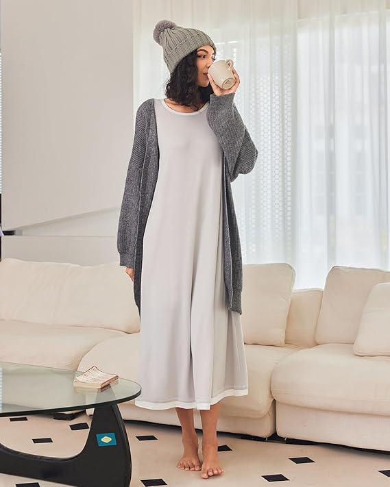 Ekouaer Nightgown Women Long Sleeve Sleepwear Full Length Long Nightshirt Soft Loungewear
