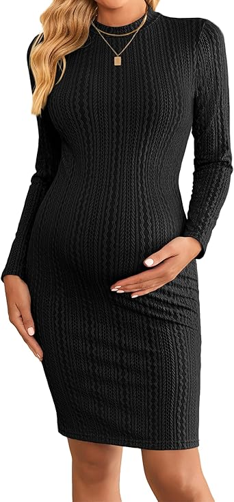 Ekouaer Maternity Dress Mock Turtleneck Pregnancy Dress Rib Knit Stretchy Bodycon Baby Shower Dress