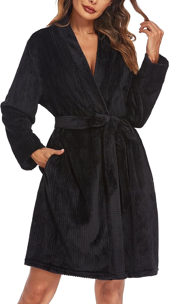 Ekouaer Women Fleece Bathrobe Plush Short Robe Long Sleeve Robe Attached Belt Soft Sleepwear Ladies Loungewear
