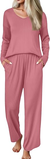Ekouaer Womens Pajama Set Ribbed Knit PJs 2 Piece Lounge Set Long Sleeve Top and Pants Comfy Sleepwear with Pockets Red Purple M