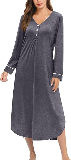 Ekouaer Nightgowns for Women Long Sleeve Nightgown Long Sleepwear Button Down Sleep Shirt Soft Night Gown