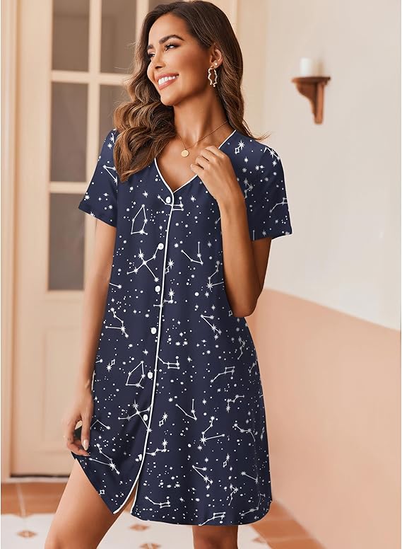 Ekouaer Nightgowns for Women 2 Pack Button Down Sleepshirt Short Sleeve Nightshirt Soft Sleepwear V Neck Pajama Dress