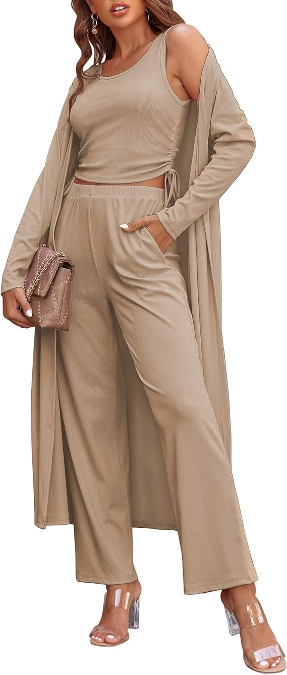 Ekouaer Women's 3 Piece Lounge Set Pajama Long Sleeve Cardigan Sleeveless Top Pants Sweatsuit
