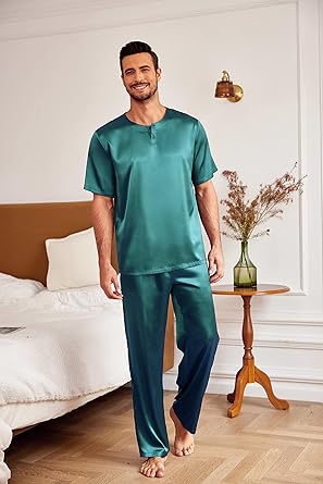 Ekouaer Mens Silk Satin Pajama Set Short Sleeve Sleepwear Silky Loungewear with Long Pants