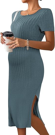Ekouaer Maternity Dress Rib Knit Short Sleeve Bodycon Dresses Casual Stretchy Pregnancy Clothes