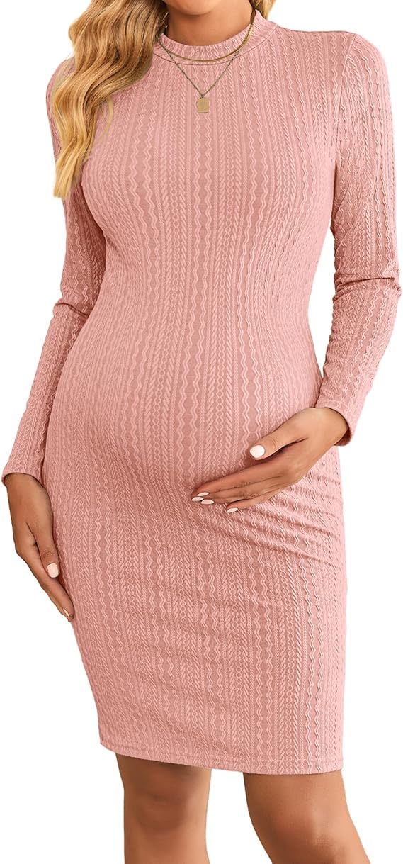 Ekouaer Maternity Dress Mock Turtleneck Pregnancy Dress Rib Knit Stretchy Bodycon Baby Shower Dress