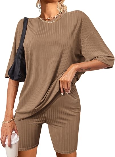 Ekouaer Pajamas 2 Piece Lounge Sets Ribbed Knit Matching Outfits T-shirt Biker Shorts Sleepwear Loungewear Sweatsuits