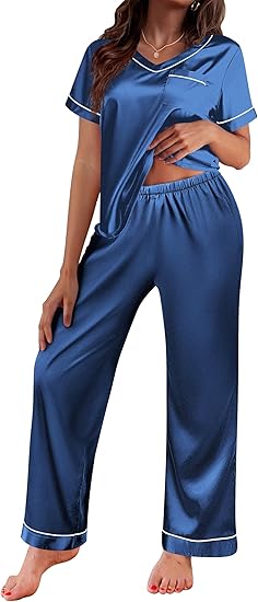 Ekouaer Satin Pajamas for Women Short Sleeve Silk Pajama Sets Soft Sleepwear Top with Causal Long Pj Pant