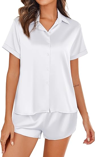 Ekouaer Silk Pajamas for Women Short Sleeve Satin Pajama Set 2 Piece Button Down Loungewear