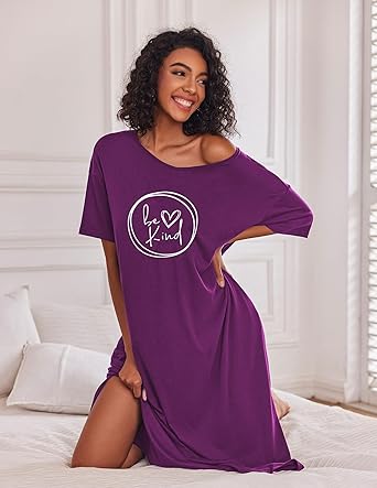 Ekouaer Long Nightgown for Women Short Sleeve Sleepwear Plus Size Loungewear with Pockets