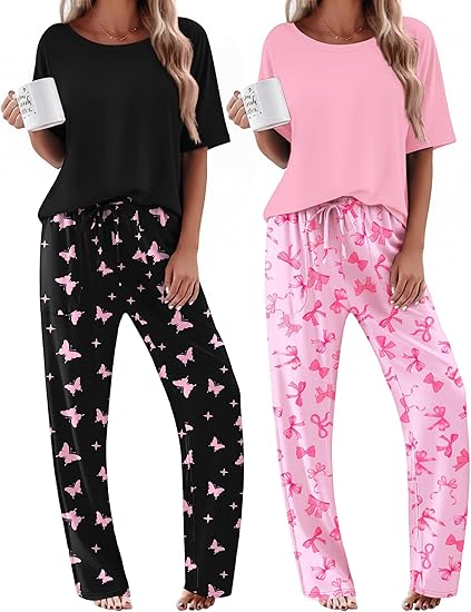 Ekouaer 2 Pack Womens Pajama Sets Short Sleeve Tops and Long Pants Casual Comfy Pjs Lounge Set with Pockets