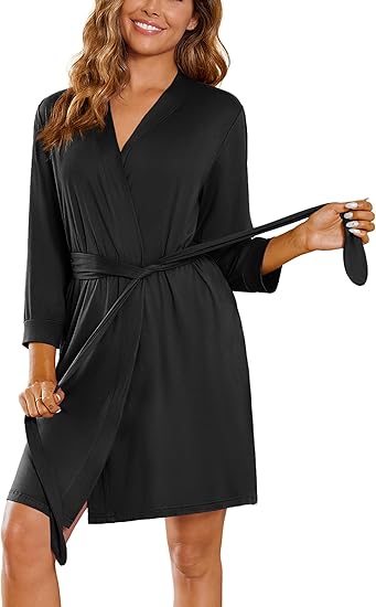 Ekouaer Women??s Robes Lightweight 3/4 Sleeve Short Knit Bathrobe Soft Knee Length Sleepwear Robes with Pockets