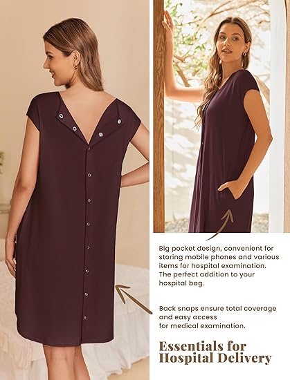 Ekouaer Labor/Delivery/Hospital Gown Nursing Nightgown Maternity Sleepwear With Pockets Postpartum Gowns with Button