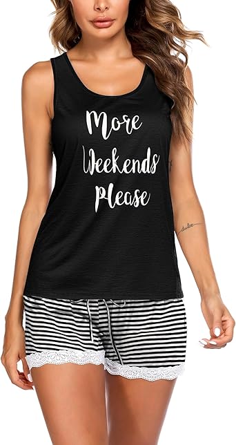 Ekouaer Womens Pajama Sets Sleeveless Tank Top and Shorts Pj Set Lace Hem Sleepwear