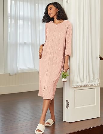 Ekouaer Zipper Robes for Women Ribbed Knit Bathrobe Lightweight Full Length Loungewear with Pockets