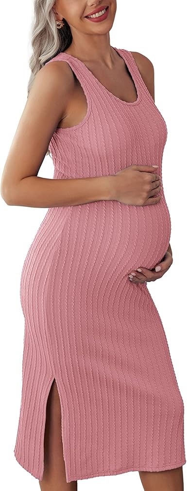 Ekouaer Women's Maternity Dress Rib Knit Sleeveless Tank Side Slit Bodycon Dresses Pregnancy Clothes