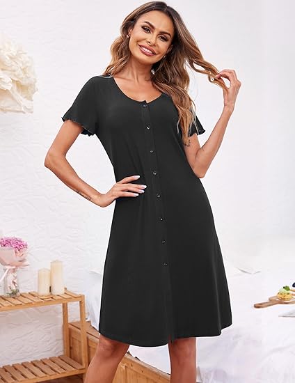 Ekouaer Women's Nightshirt Short Sleeve Button Down Nightgown V-Neck Sleepwear Pajama Dress