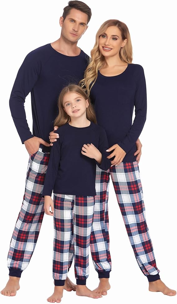 Ekouaer Family Matching Pajamas Christmas Sleepwear Long Sleeve Shirt with Plaid Pants Soft Loungewear Pjs Set