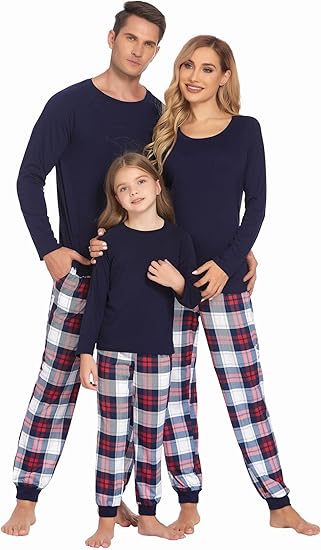 Ekouaer Family Matching Pajamas Christmas Sleepwear Long Sleeve Sleep Shirt with Plaid Pants Soft Loungewear Pjs Set