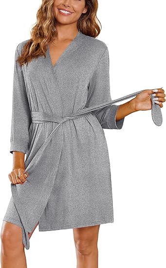 Ekouaer Women??s Robes Lightweight 3/4 Sleeve Short Knit Bathrobe Soft Knee Length Sleepwear Robes with Pockets