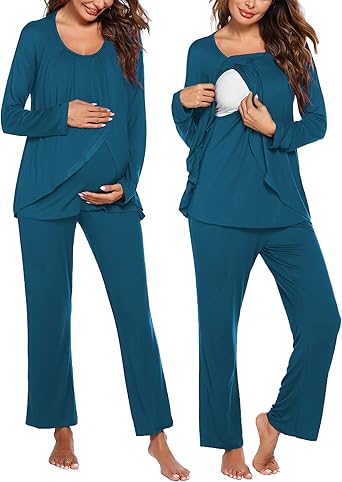 Ekouaer Maternity Nursing Pajama Set Long Sleeve Top & Pants with Pockets Breastfeeding Sleepwear Double Layer Pregnancy