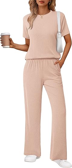Ekouaer Lounge Sets for Women 2 Piece Matching Travel Outfits 2026 Loose Short Sleeve Top Wide Leg Pants Pockets
