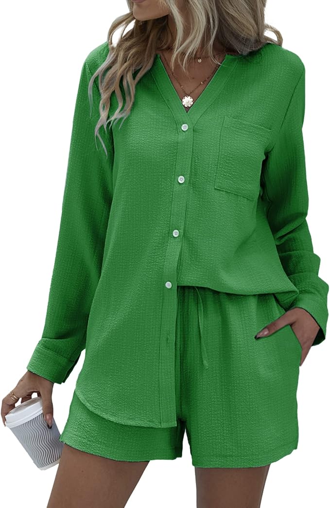Ekouaer Summer Outfits for Women 2 Piece Sets Lounge Sets V Neck Button Down Shirt and Shorts Loungewear with Pockets
