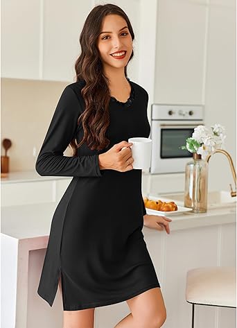 Ekouaer Long Sleeve Nightgowns for Women Sexy Lace Night Shirt V Neck Sleep Shirt Soft Sleepwear