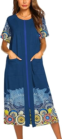 Ekouaer Robes For Women Zipper Front Bathrobe Short Sleeve House Coat Long Nightgown With Pockets Soft Loungewear